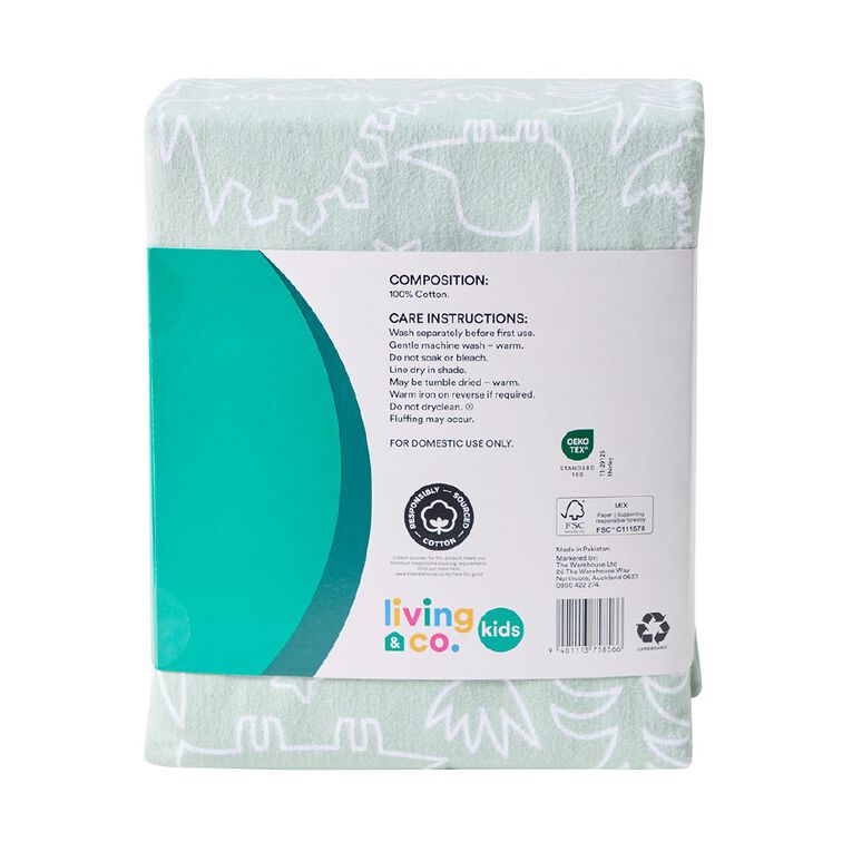Living & Co Kids Cotton Flannelette Sheet Set Dino Green Single, , hi-res