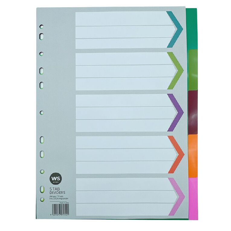 WS 5 Tab Dividers Plastic Multi-Coloured, , hi-res