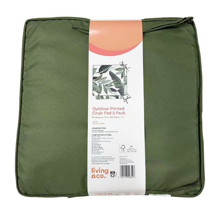 Living & Co Outdoor Cushion Chair Pad 2 Pack Print Green, , hi-res