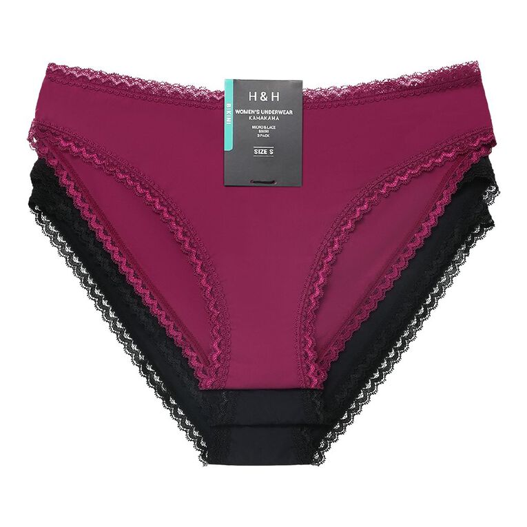 H&H Women's Micro and Lace Bikini Briefs 3 Pack, Red Dark, hi-res