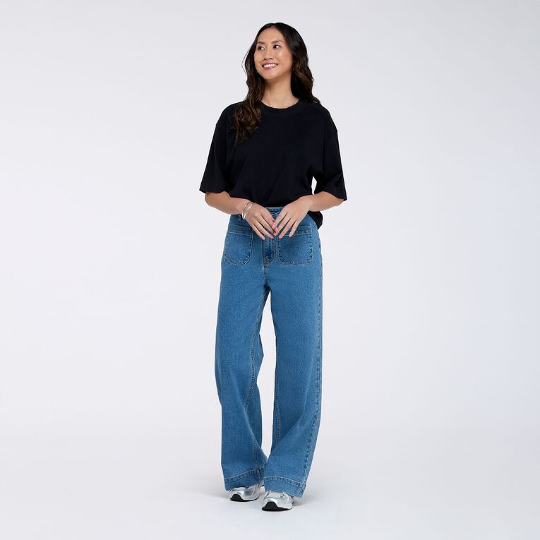 H&H Women's Patch Pocket Wide Leg Jeans, Denim Mid, hi-res