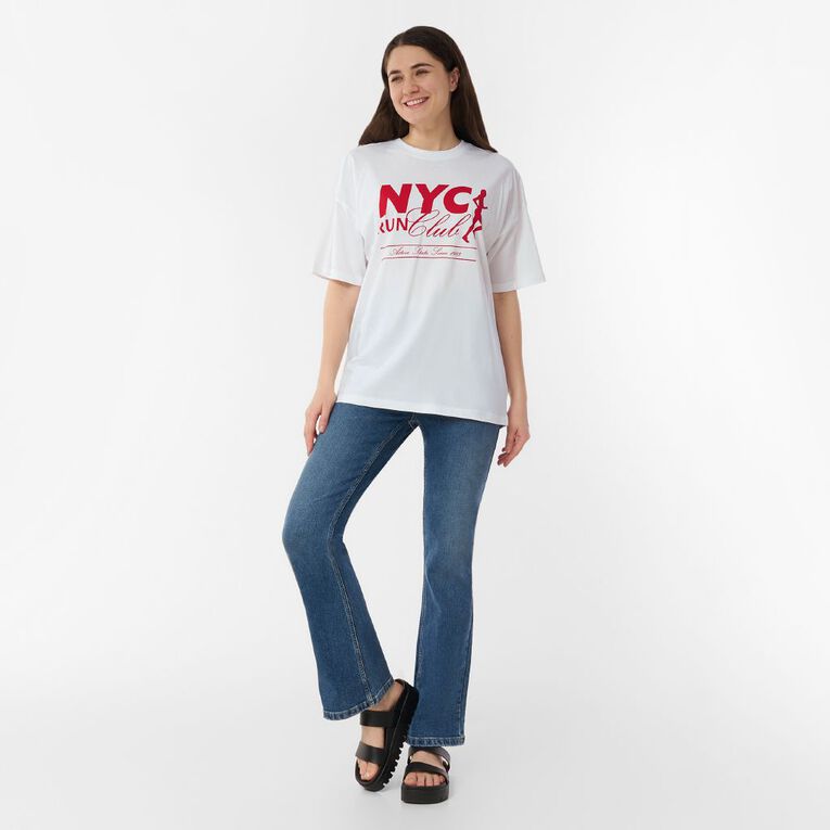 H&H Women's Short Sleeve Boyfriend Graphic Tee, White NYC RUN, hi-res