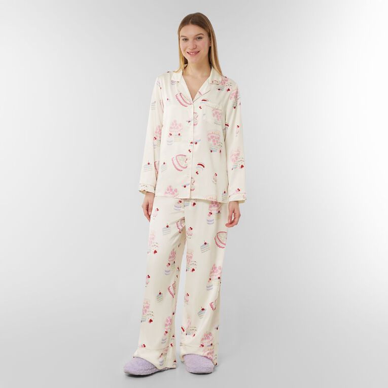 H&H Women's Satin Button Up Pyjama Set, White, hi-res