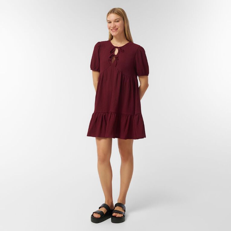 H&H Women's Tie Front Tiered Dress Mini, Red Dark, hi-res