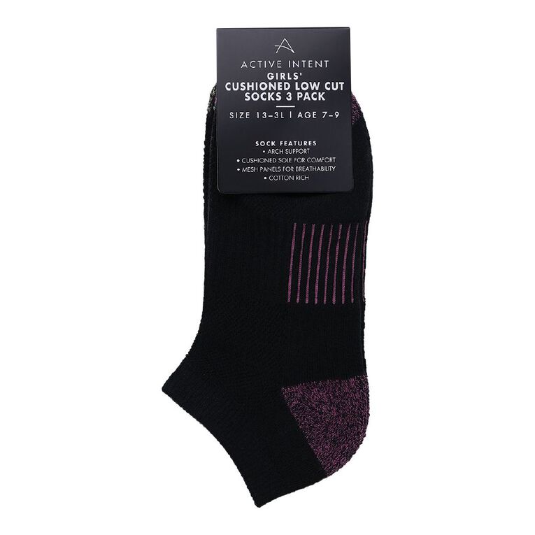 Active Intent Girls' Cushioned Low Cut Socks 3 Pack, Black, hi-res