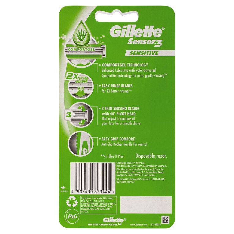 Gillette Sensor 3 Sensitive Disposable Razor 4 Pack, , hi-res