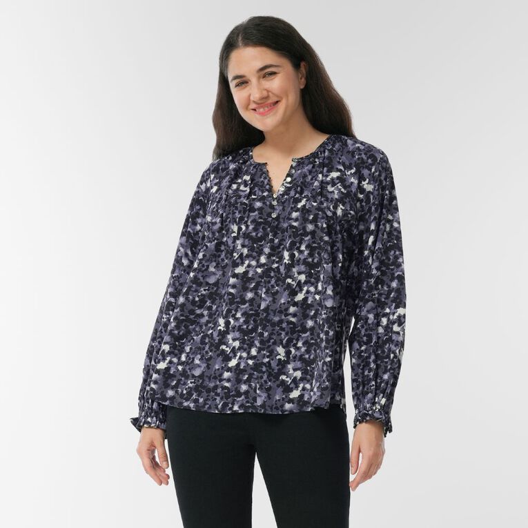 H&H Women's Long Sleeve Gather Detail Blouse, Navy, hi-res