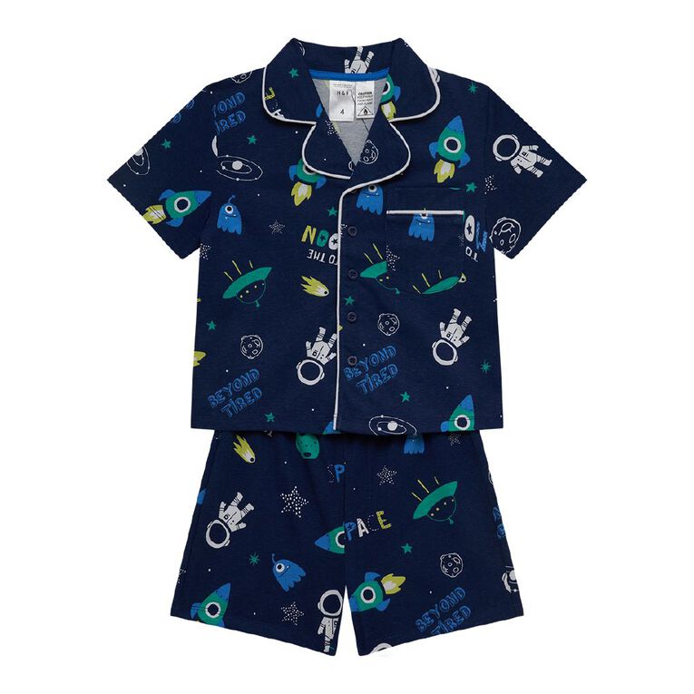 H&H Boys' Button Up Short Sleeve Knit Pyjama Set, Blue Dark, hi-res