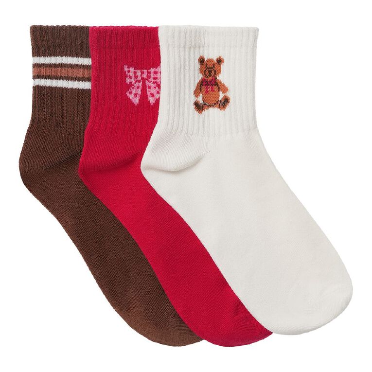 H&H Girls' Graphic Quarter Crew Socks 3 Pack, Brown, hi-res