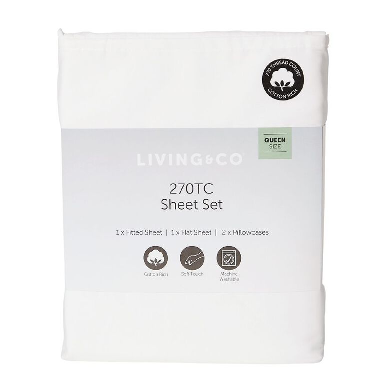 Living & Co Cotton Rich 270 Thread Count Sheet Set White Queen, White, hi-res
