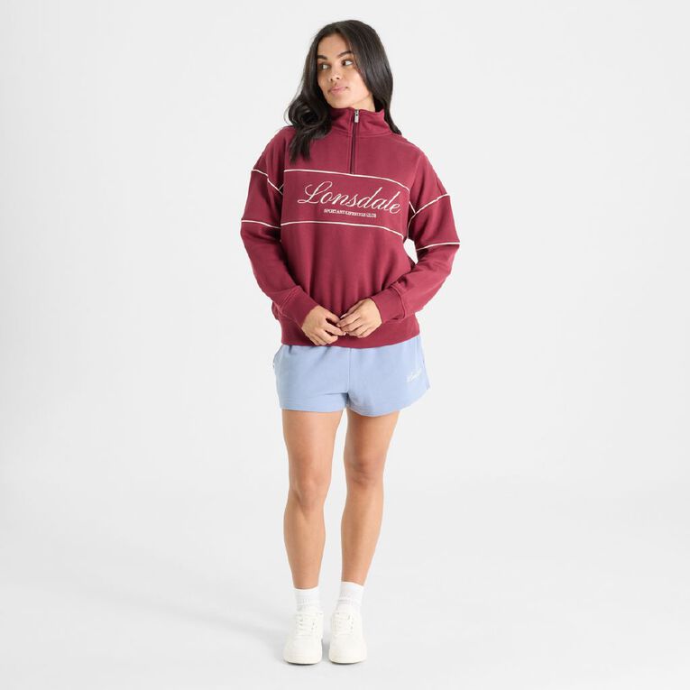 Lonsdale Women's Piped Boxy Quarter Zip Sweatshirt, Red Dark, hi-res
