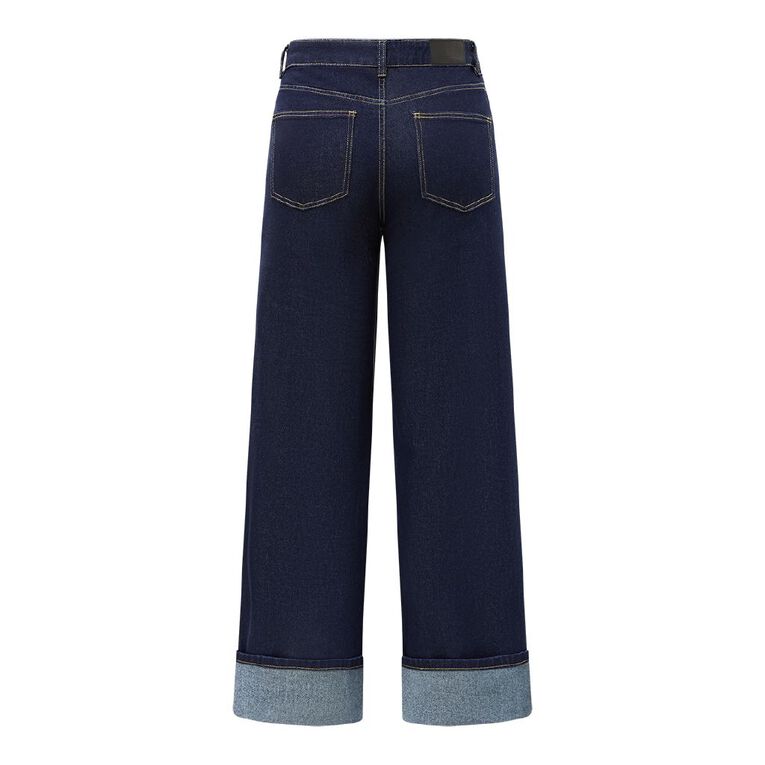 H&H Women's Wide Leg Turn Up Jean, Denim Dark, hi-res