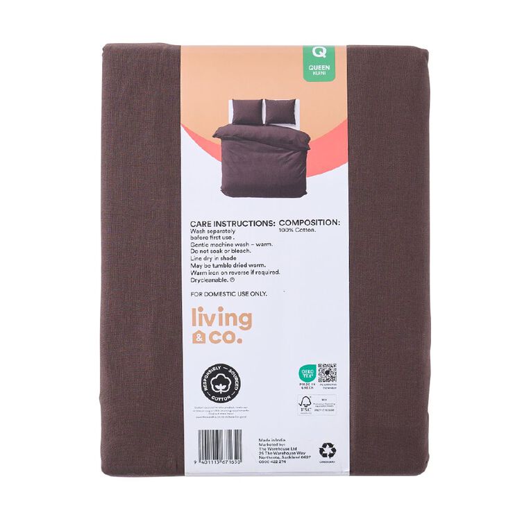 Living & Co Duvet Cover Set Washed Cotton Brown Mid Super King, , hi-res