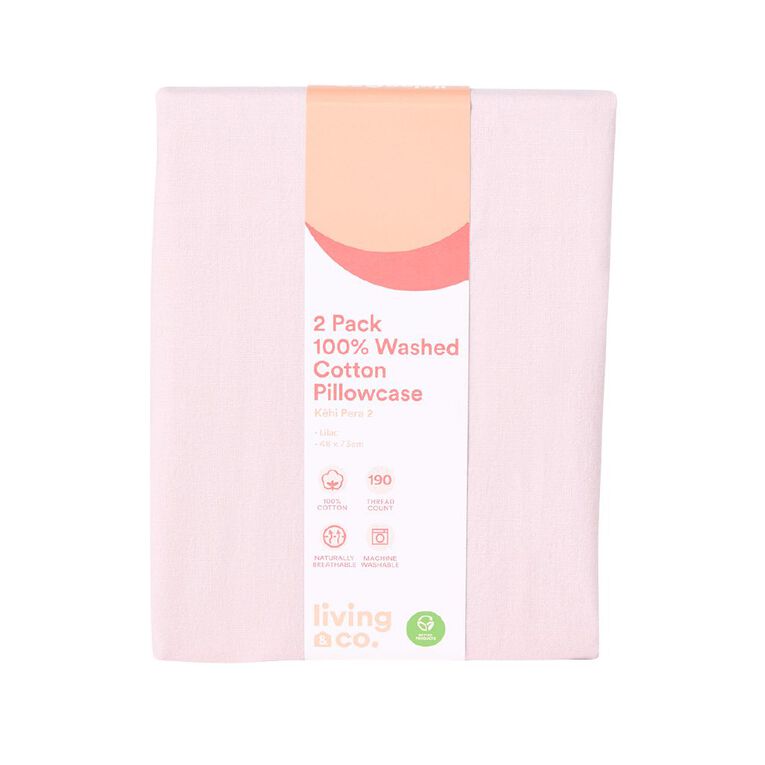 Living & Co 100% Washed Cotton 2 Pack Pillowcase Lilac 48cm x 73cm, Lilac, hi-res
