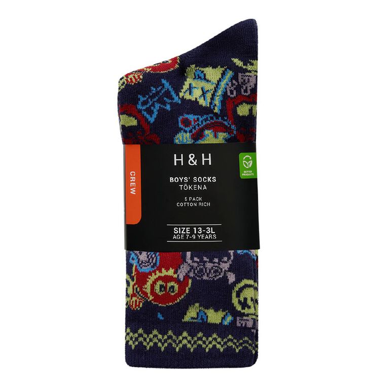 H&H Boys' Crew Jacquard Socks 5 Pack, Black/Navy, hi-res
