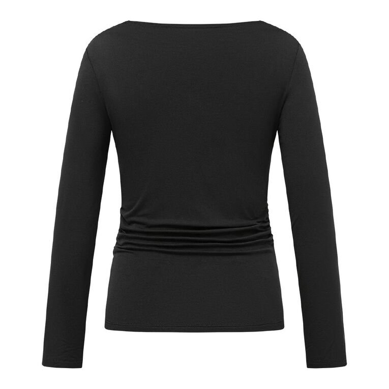 H&H Women's Long Sleeve Large Eyelet Ruched Top, Black, hi-res