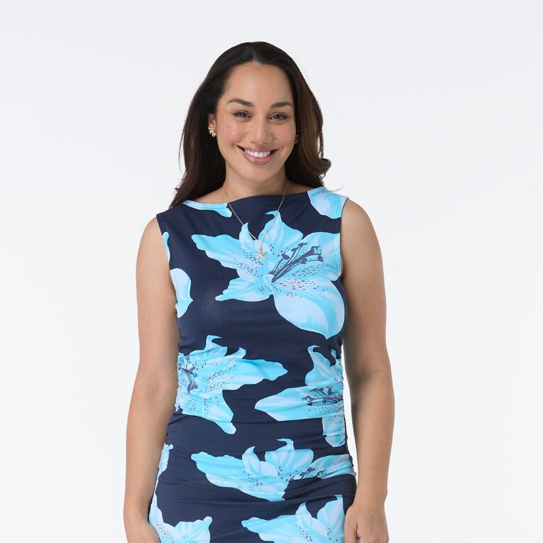 H&H Women's Contour Print Boat Neck Top, Blue Dark, hi-res