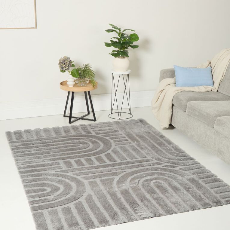 Living & Co Faux Rabbit Carved Rug Grey 160cm x 230cm, , hi-res