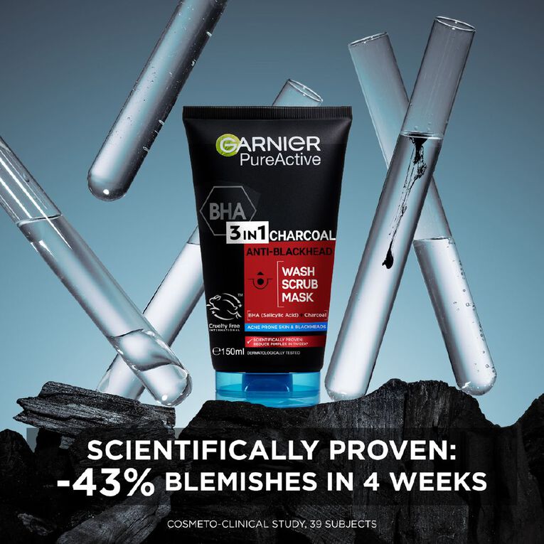 Garnier Pure Active 3-in-1 Charcoal Face Wash 150ml, , hi-res