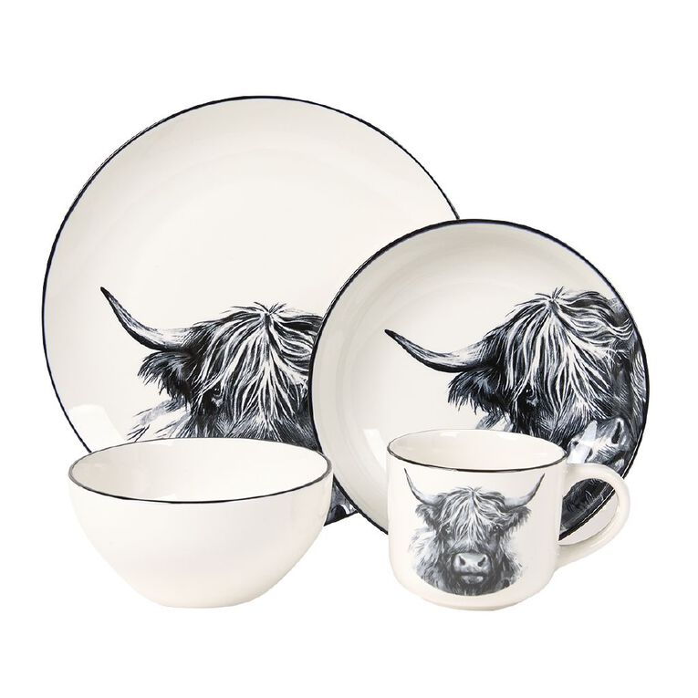 Living & Co Highland Cow 12 Piece Dinner Set White/Black, , hi-res