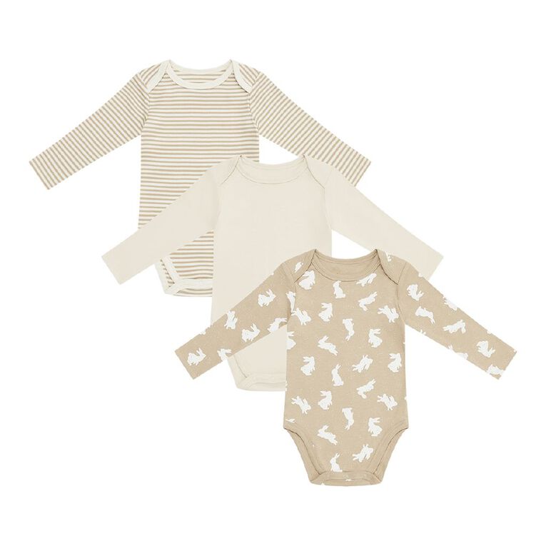 Young Original Babys' Long Sleeve Printed Bodysuit 3 Pack, Brown Light BUNNIES, hi-res