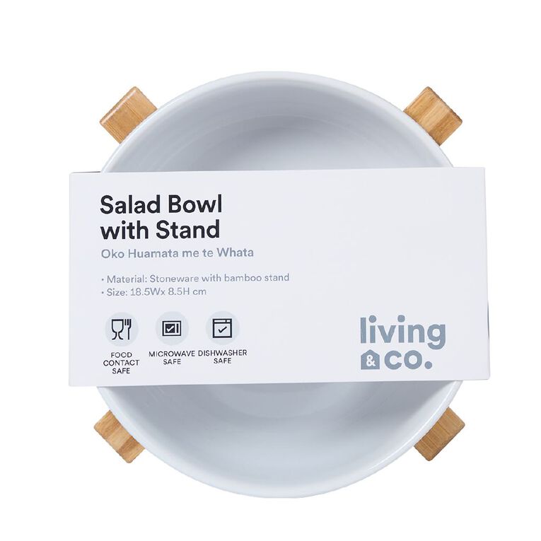 Living & Co Round Salad Bowl with Wooden Stand White 16cm, , hi-res