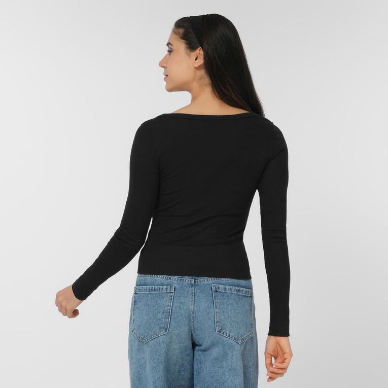 H&H Women's Long Sleeve Scoop Neck Rib Top, Black, hi-res