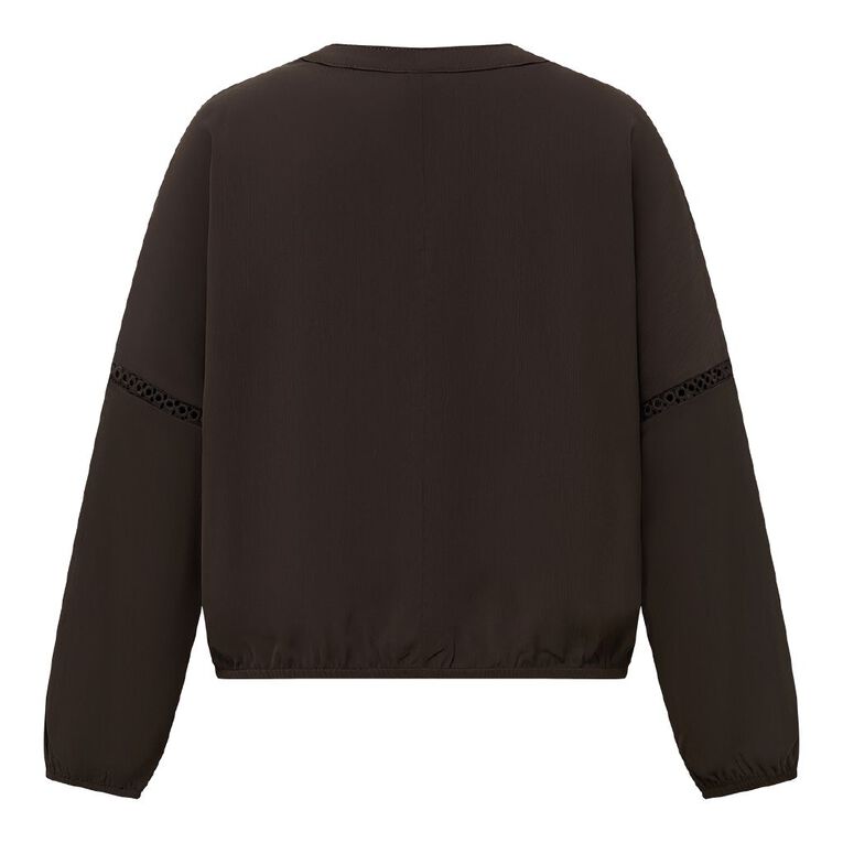 H&H Women's Long Sleeve Lace Trim Blouse, Brown Dark, hi-res
