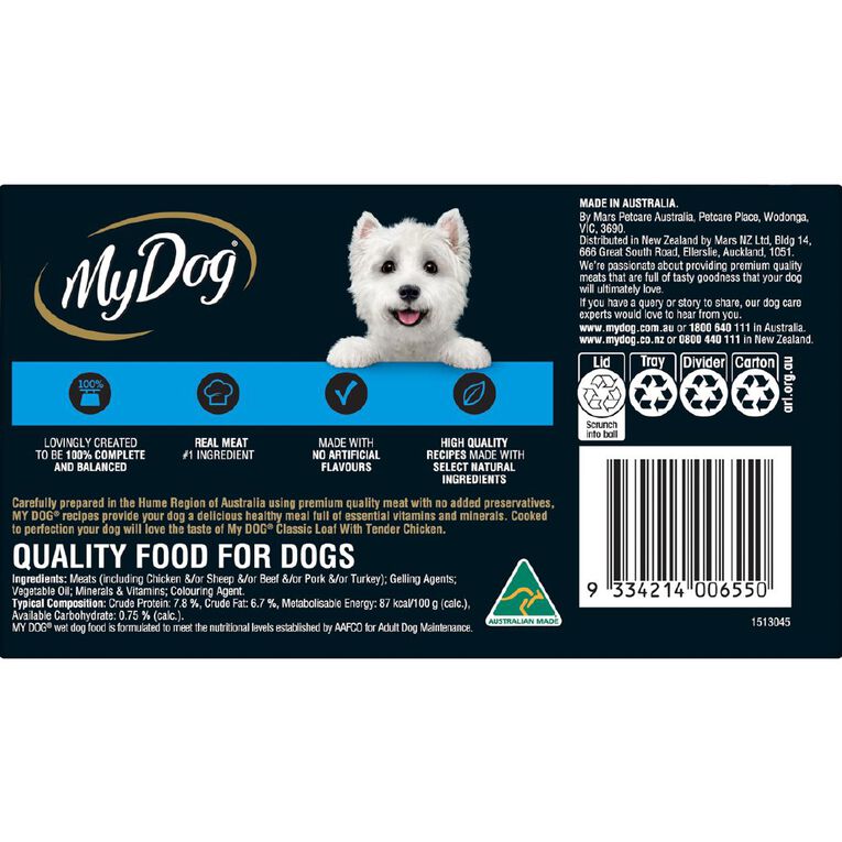 My Dog Chicken Supreme Meaty Loaf Wet Dog Food Trays 6 Pack 100g, , hi-res