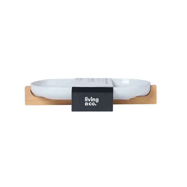 Living & Co Oval Platter with Wooden Stand White 43cm, , hi-res