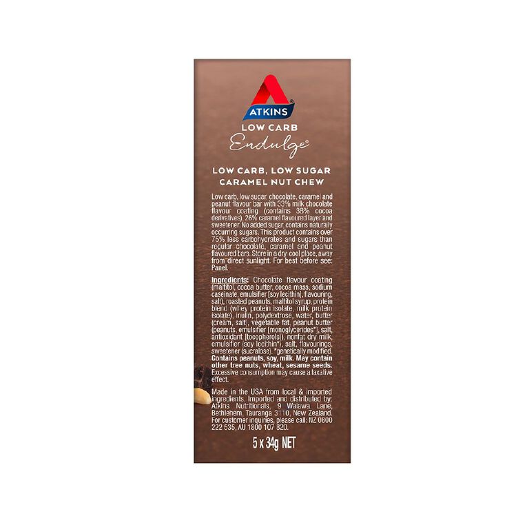 Atkins Endulge Caramel Nut Chew Bar 34g 5 Pack, , hi-res