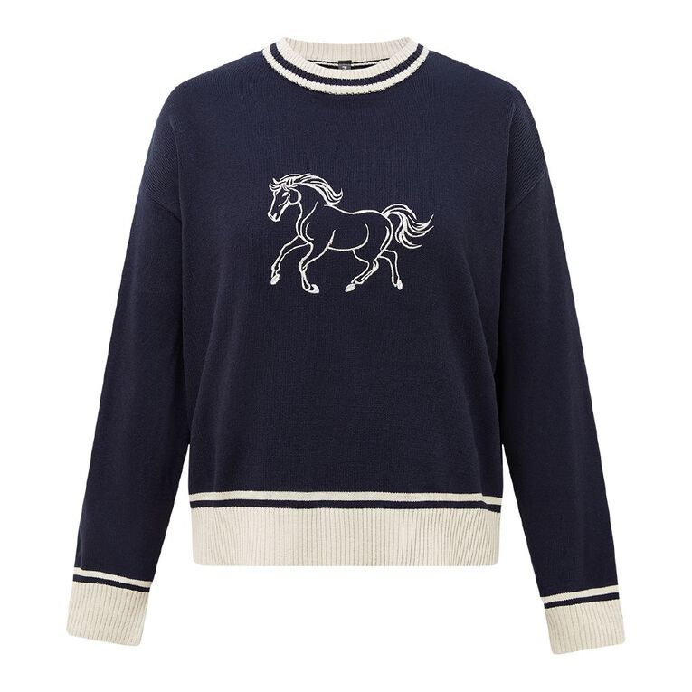 H&H Women's Embroidered Horse Jumper, Navy, hi-res