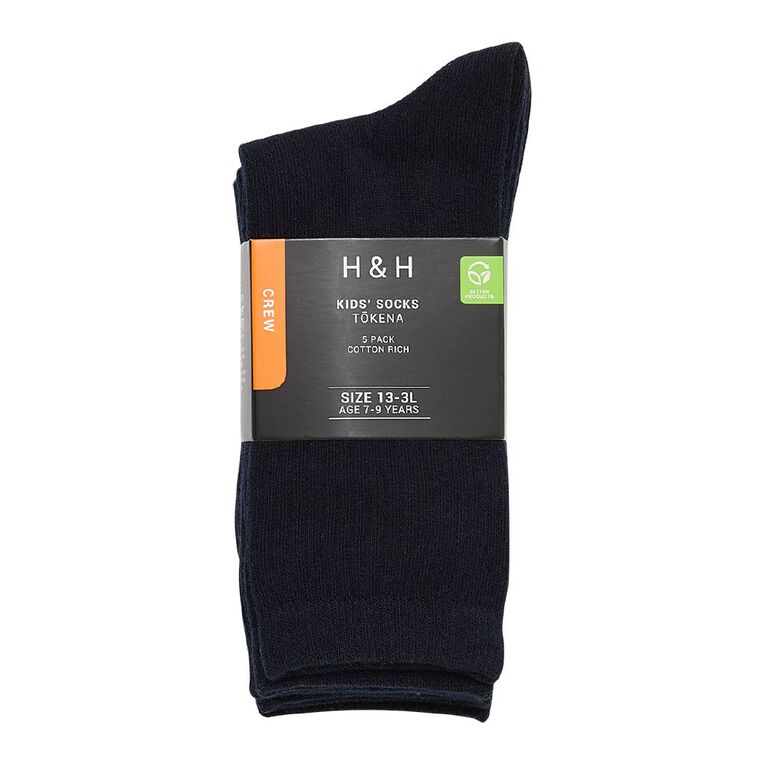 H&H Kids' Plain Crew Socks 5 Pack, Navy, hi-res