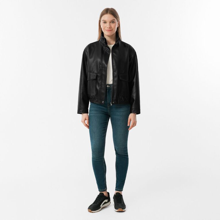 H&H Women's PU Funnel Neck Bomber Jacket, Black, hi-res