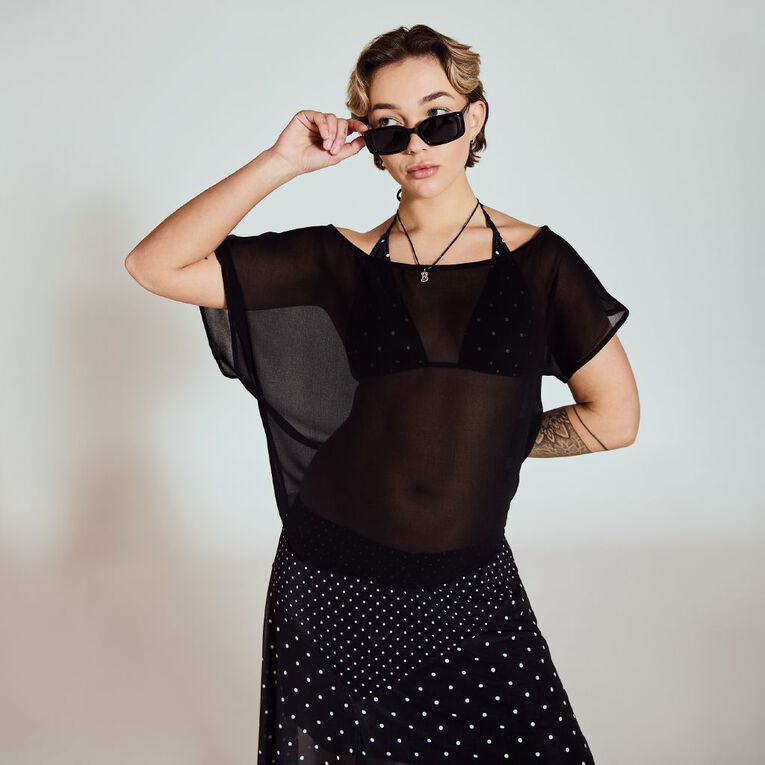 BRDRLESS Taya Chiffon Assymetric Top, Black, hi-res