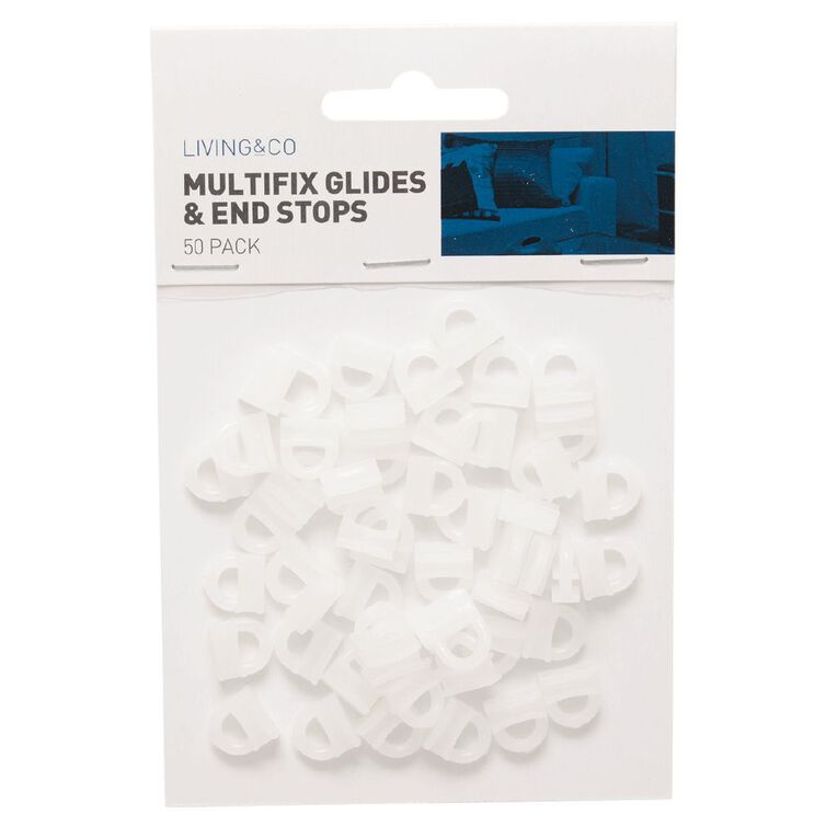 Living & Co Curtain Track Glides & End Stops White 50 Pack, White, hi-res