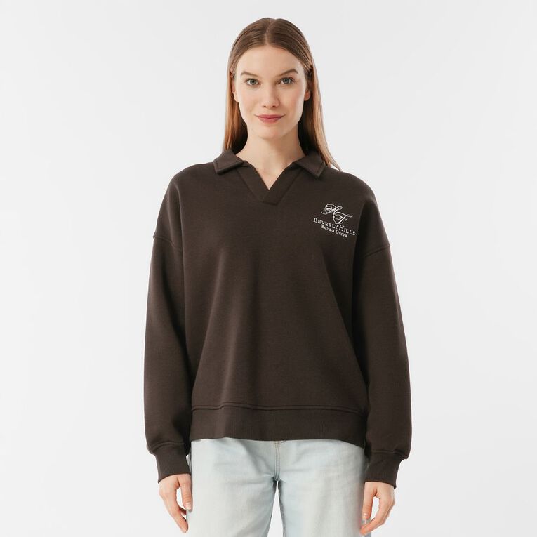 H&H Women's Long Sleeve Collared Sweat, Brown Dark, hi-res
