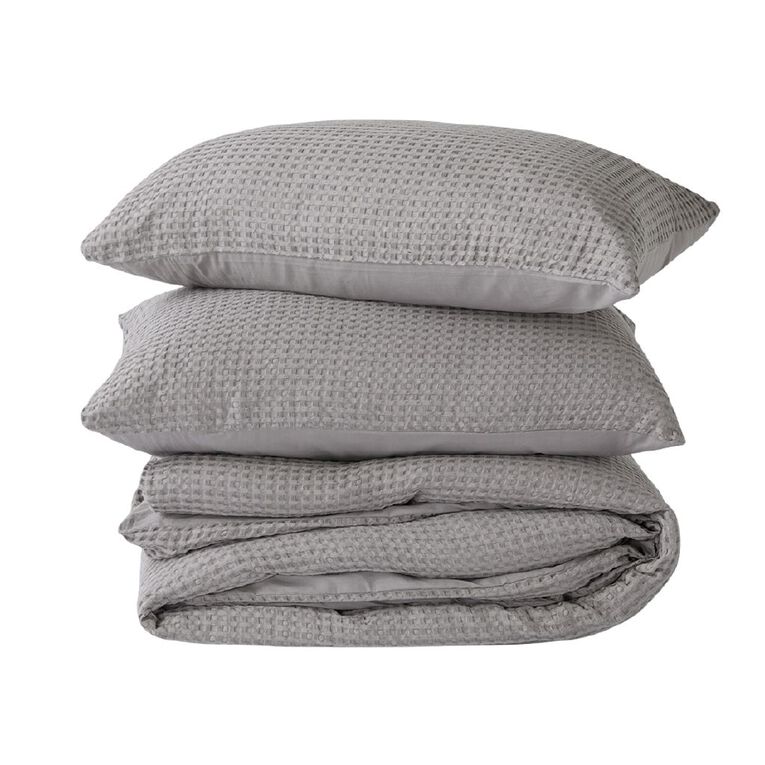 Living & Co Duvet Cover Set Cotton Waffle Grey King Single, , hi-res