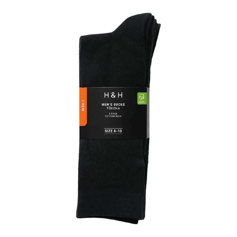 H&H Men's Ribbed Crew Socks 5 Pack, Black, hi-res