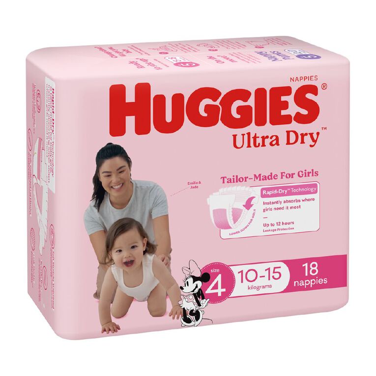 Huggies Girls' Convenience Nappy Toddler Size 4 10-15kg 18 Pack, , hi-res