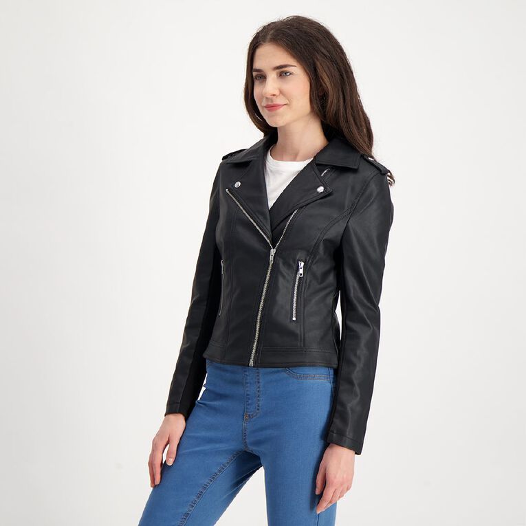 H H Women S Pu Biker Jacket Black The Warehouse