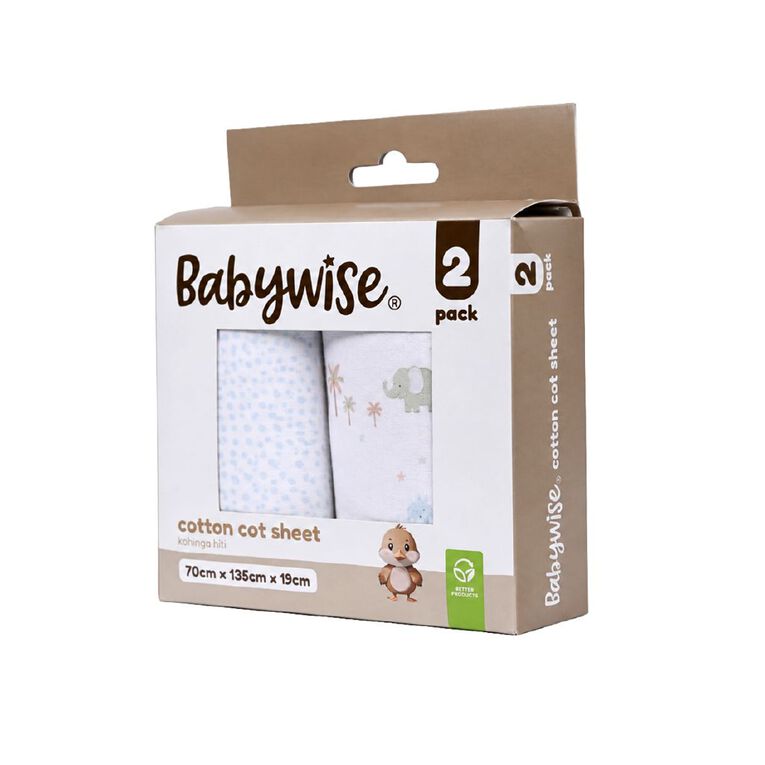 Babywise Cotton Cot Sheet Elephants 2 Pack, , hi-res