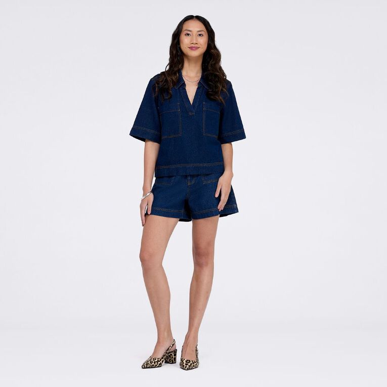 H&H Women's Short Sleeve Denim Popover Top, Denim, hi-res