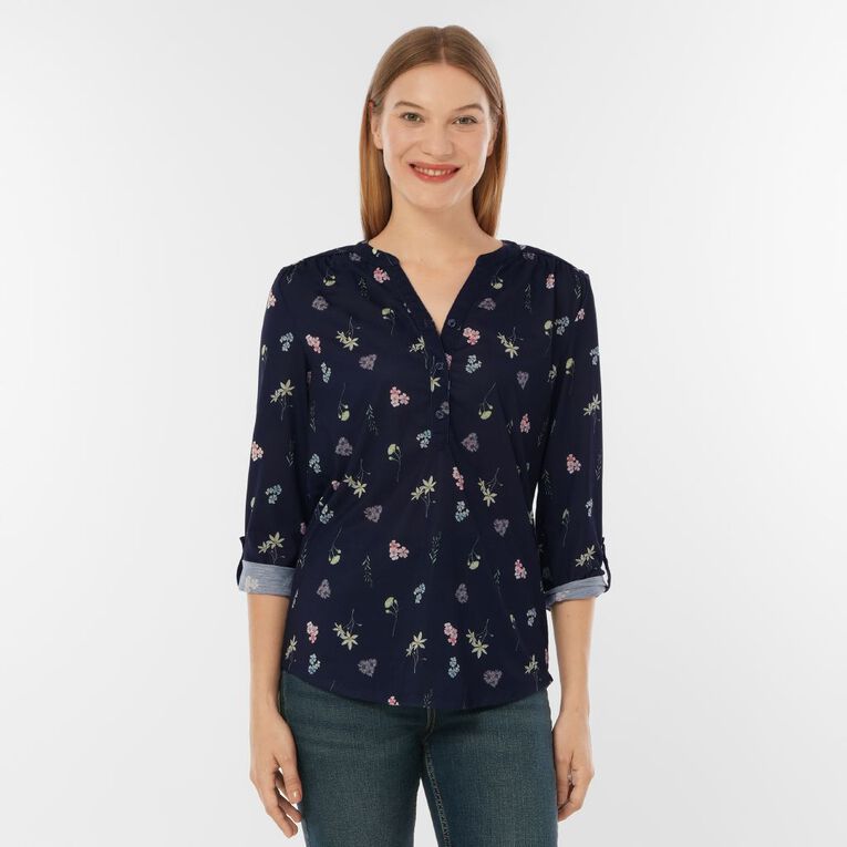 H&H Women's 3/4 Sleeve Amber Rixon Henley Top, Navy, hi-res