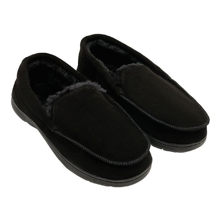 H&H Men's Leroy Leather Moccasin Slippers, Black, hi-res