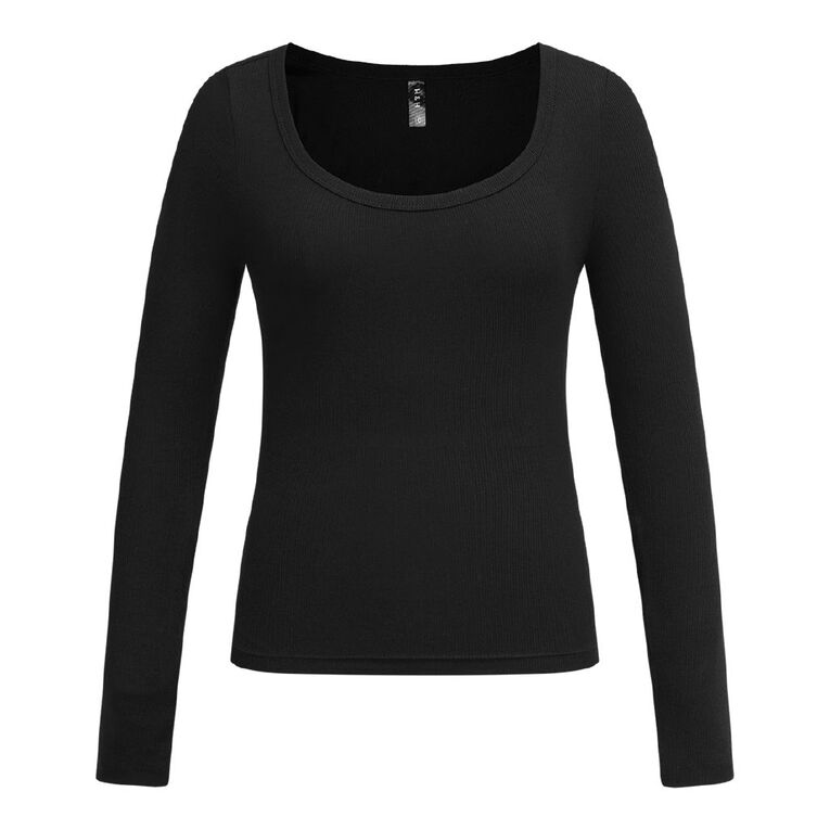 H&H Women's Long Sleeve Scoop Neck Rib Top, Black, hi-res