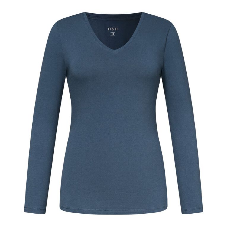 H&H Women's Stretch Long Sleeve V Neck Tee, Blue Mid, hi-res