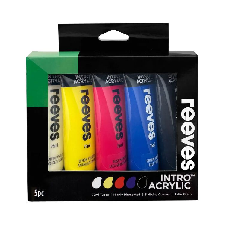 Reeves Intro Acrylic Paints Set of 5 Assorted Colours Assorted 75ml, , hi-res