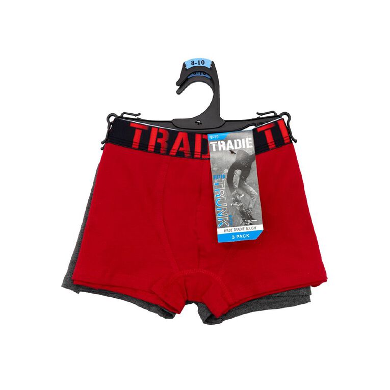 Tradie Boys' Plain Trunks 3 Pack, Red Mid, hi-res
