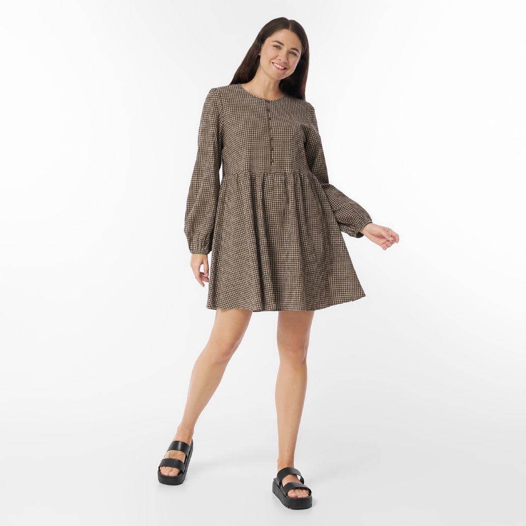H&H Women's Long Sleeve Check Mini Dress Brown Mid | The Warehouse